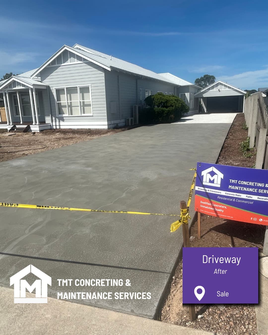 Newly poured concrete driveway in front of weatherboard home, Sale