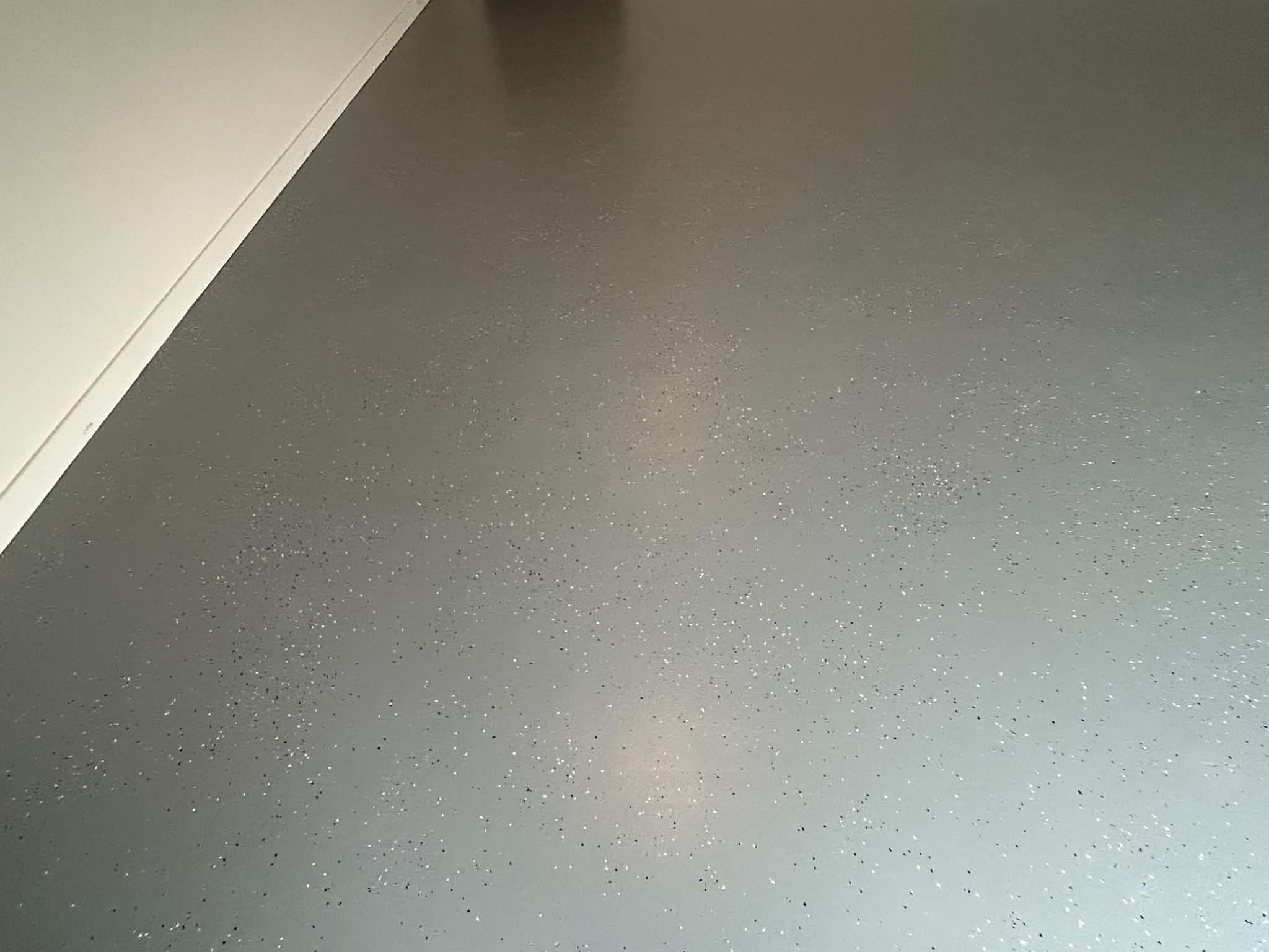 Light-grey flake epoxy garage floor with metallic speckle, Sale