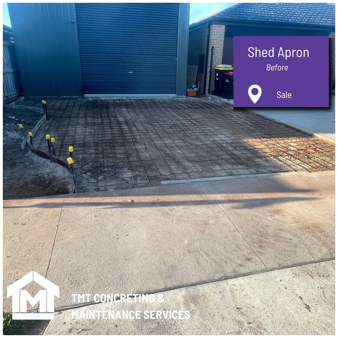 Shed apron slab with steel reinforcement set out before pour, Sale